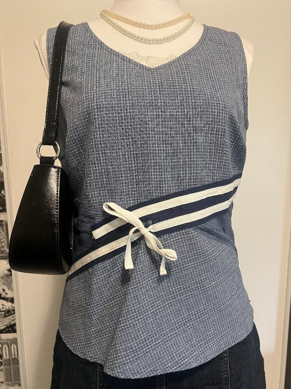 Marie Claire Blue Nautical Stripe Bow Tie Tank Top Y2K Preppy